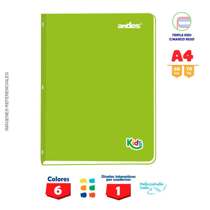 Cuaderno Andes Kids Grapado A4 80H 70Gr Triple kids con Sombra C/E C/Sticker