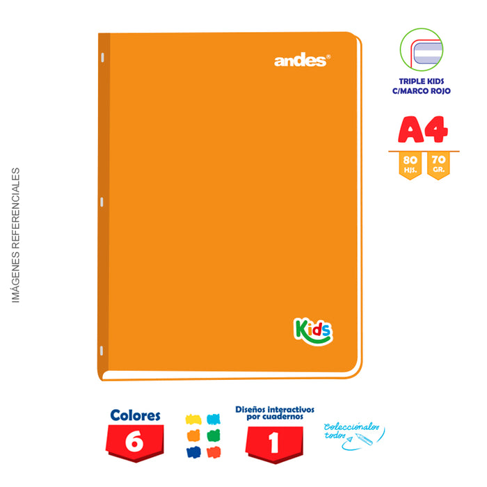 Cuaderno Andes Kids Grapado A4 80H 70Gr Triple kids con Sombra C/E C/Sticker