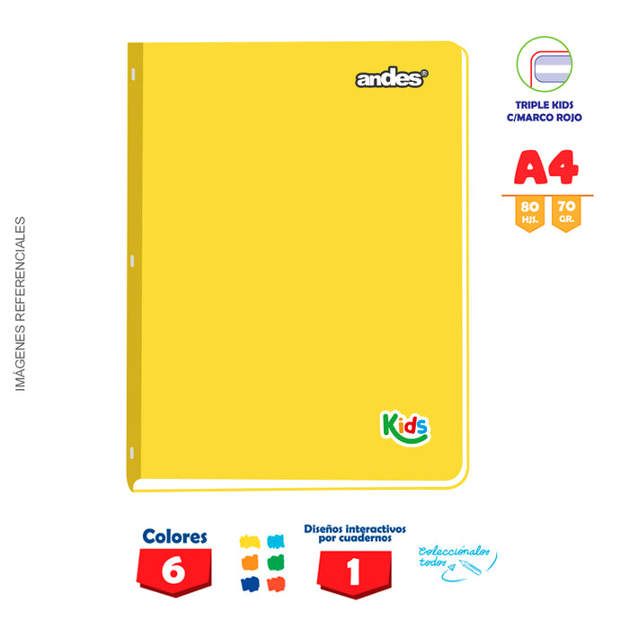 Cuaderno Andes Kids Grapado A4 80H 70Gr Triple kids con Sombra C/E C/Sticker