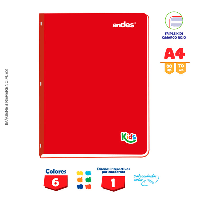 Cuaderno Andes Kids Grapado A4 80H 70Gr Triple kids con Sombra C/E C/Sticker