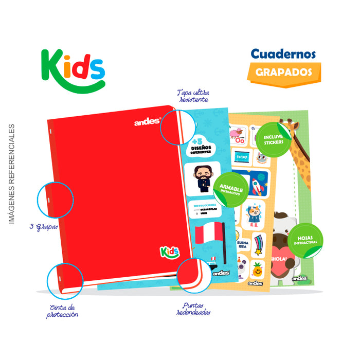 Cuaderno Andes Kids Grapado A4 80H 70Gr Decroly C/E C/Sticker