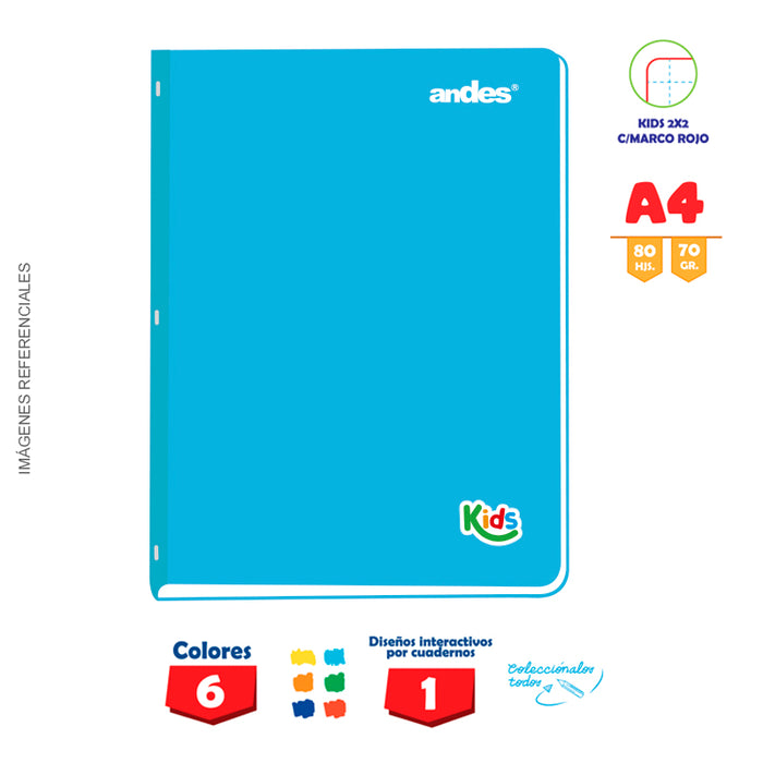 Cuaderno Andes Kids Grapado A4 80H 70Gr 2X2 C/E C/Sticker