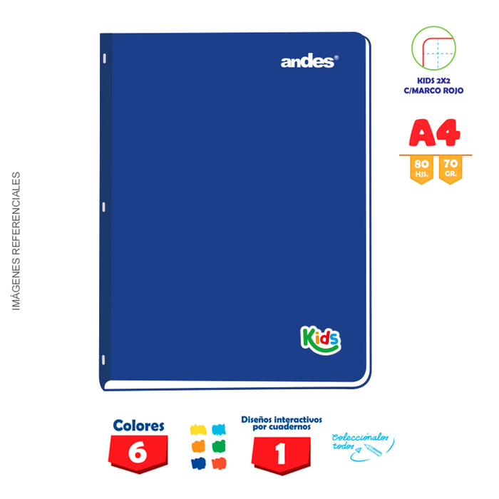 Cuaderno Andes Kids Grapado A4 80H 70Gr 2X2 C/E C/Sticker