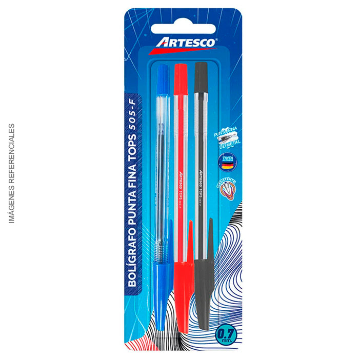 Boligrafo Artesco Tops 505 Pf 0.7Mm Azul, rojo y negro - Blister X3