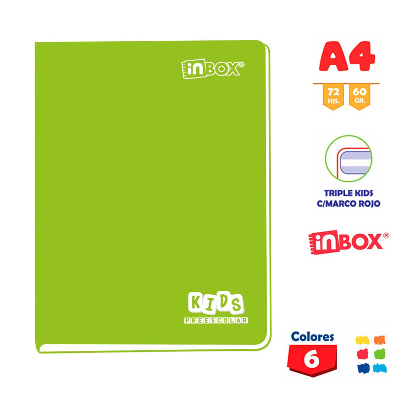 Cuaderno Inbox Kids Grapado A4 72Hj 60Gr Triple Kids Color /Entero Marco Rojo