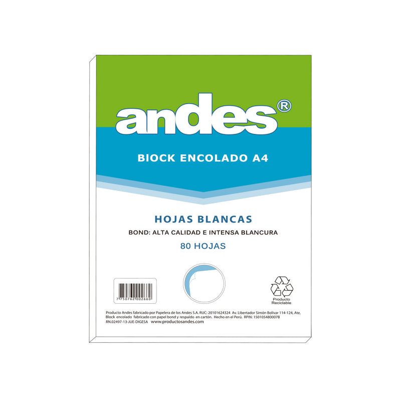 Block Encolado Andes A-4 Hojas Blancas (80H)