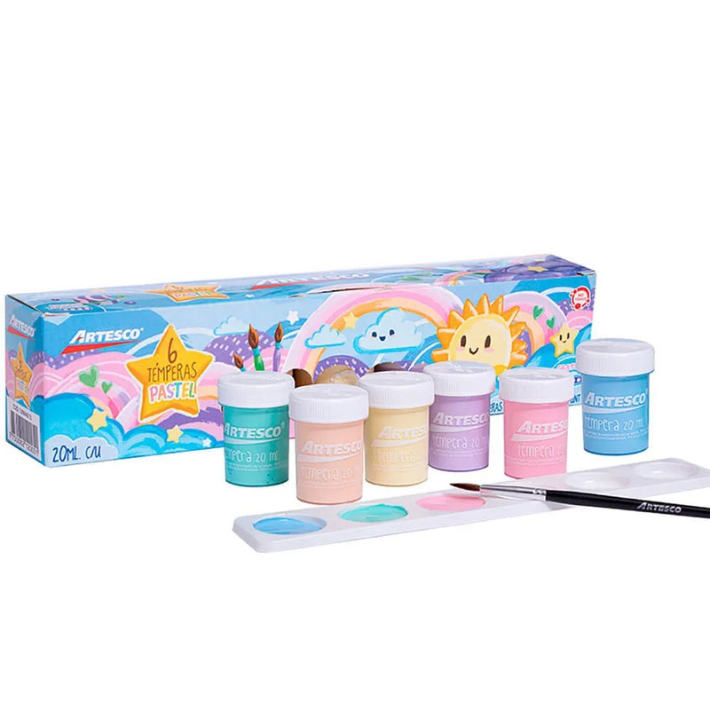 Tempera Artesco Pastel Set X6 Col +Pincel +Plt 20ml