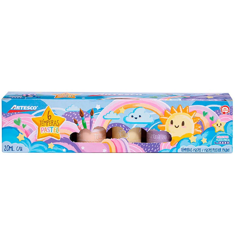 Tempera Artesco Pastel Set X6 Col +Pincel +Plt 20ml