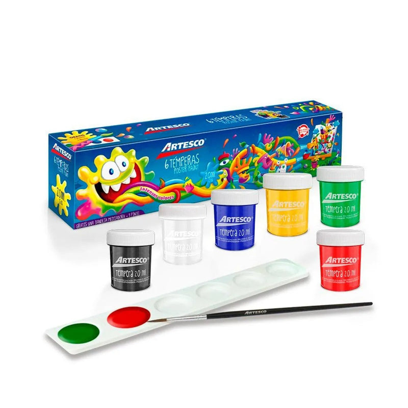 Tempera Artesco Set X 6 Colores + Pincel + Paleta (20 Cc)