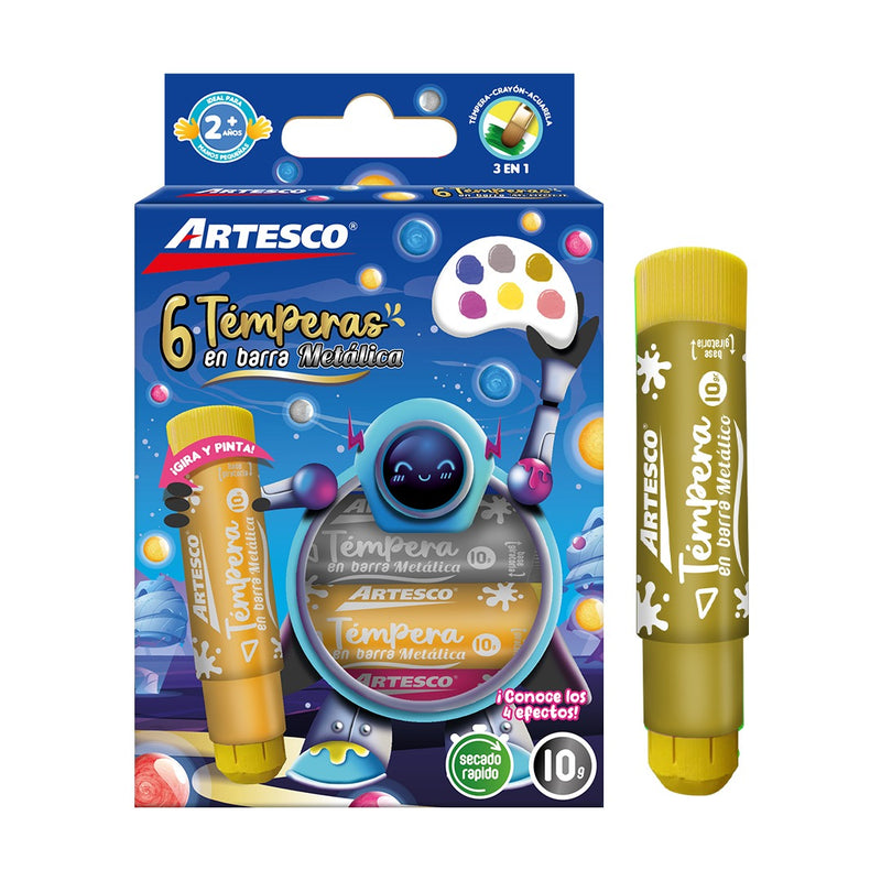 Tempera Artesco En Barra 10 Gr Metalico X 6 Colores