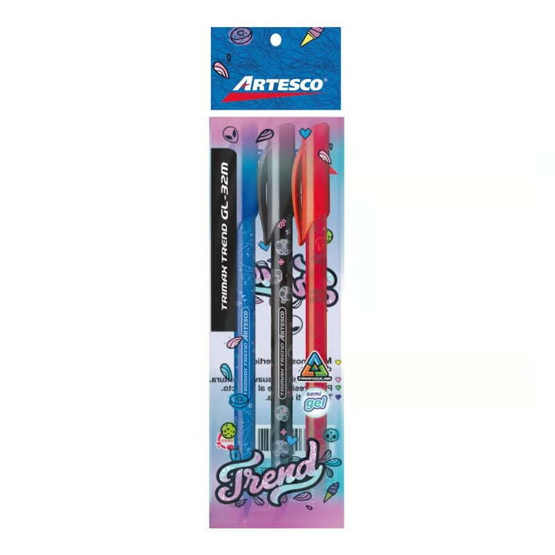 Boligrafo Artesco Trimax GL-32M Trend Azul, Rojo y Negro X 3 Blis