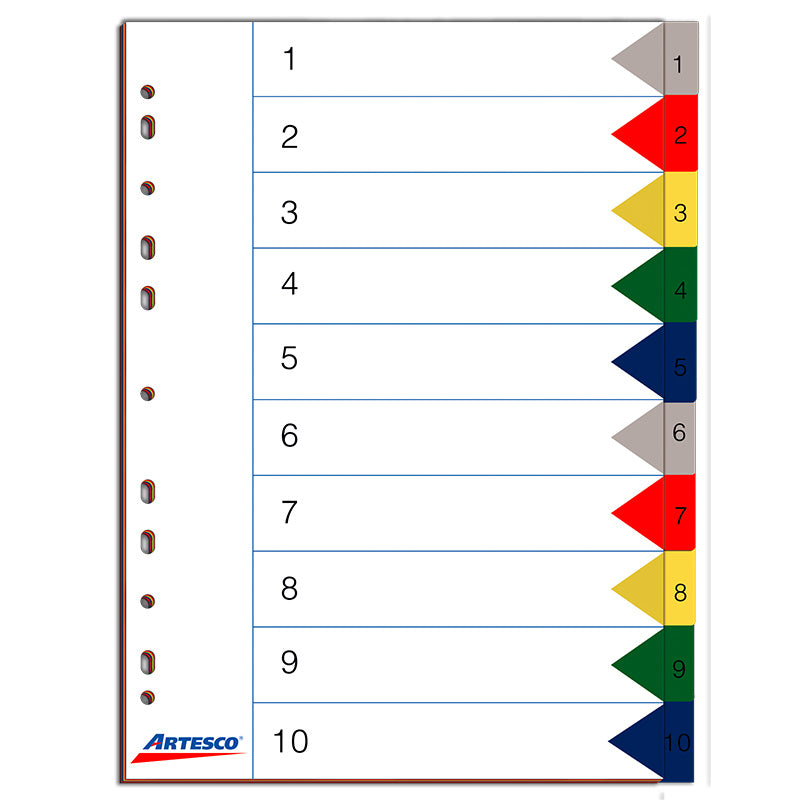 Separadores Artesco D/Plast A4 (10Div) Color/Numerado