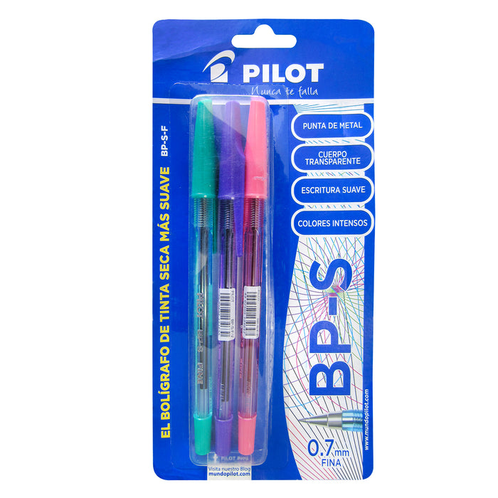 Bolígrafo Pilot Set Tinta Seca BP-S 0.7 mm x 3 Blister (Verde,Violeta,Rosado)