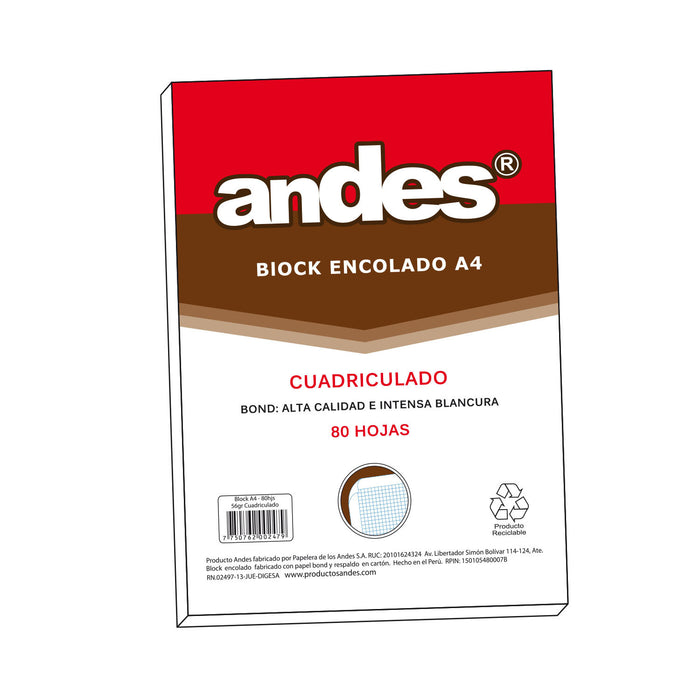 Block Andes A4 Cuadriculado Encolado Perforado (80Hjs) 2 Perforaciones