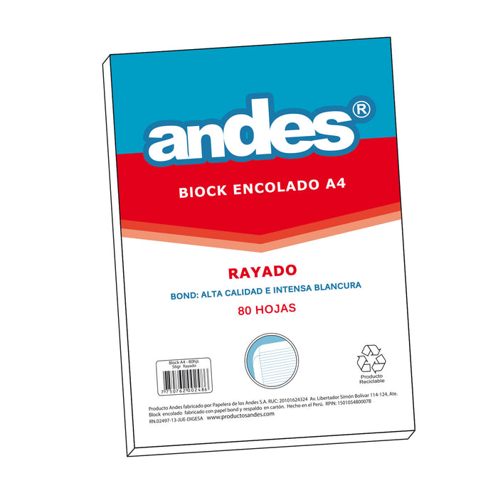 Block Andes A4 Encolado Perforado (80Hjs) Rayado