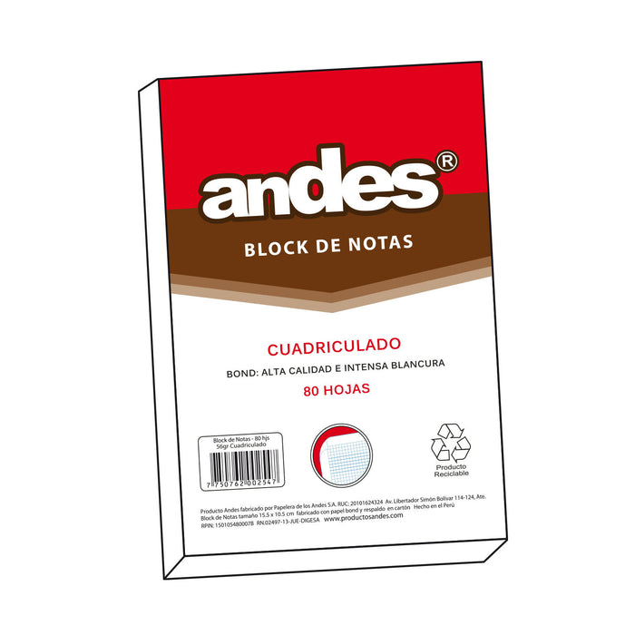 Block De Notas Andes Cuadriculado 15.5 X 10.5 Cm (80Hj)
