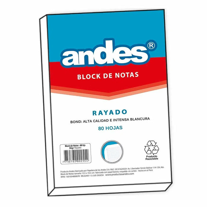 Block De Notas Andes Rayado 15.5 X 10.5 Cm 80h