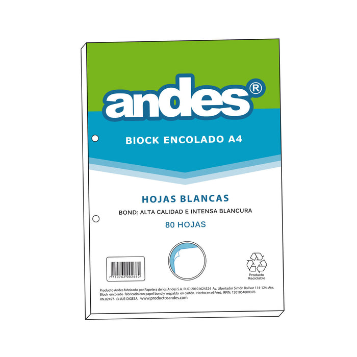 Block Encolado Andes A-4 Hojas Blancas Perf (80H)