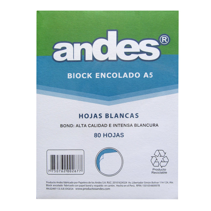 Block Encolado Andes A-5 Hojas Blancas Perf (80H)