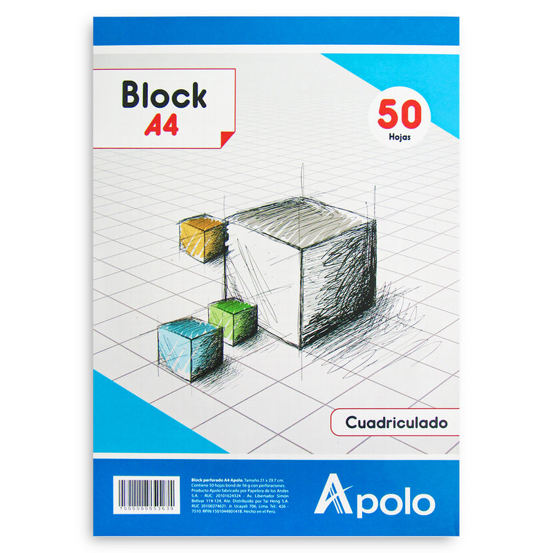 Block A4 Perforado Apolo (50Hjs) Cuadriculado