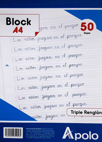 Block A4 Perforado Apolo (50Hjs) Triple Renglón