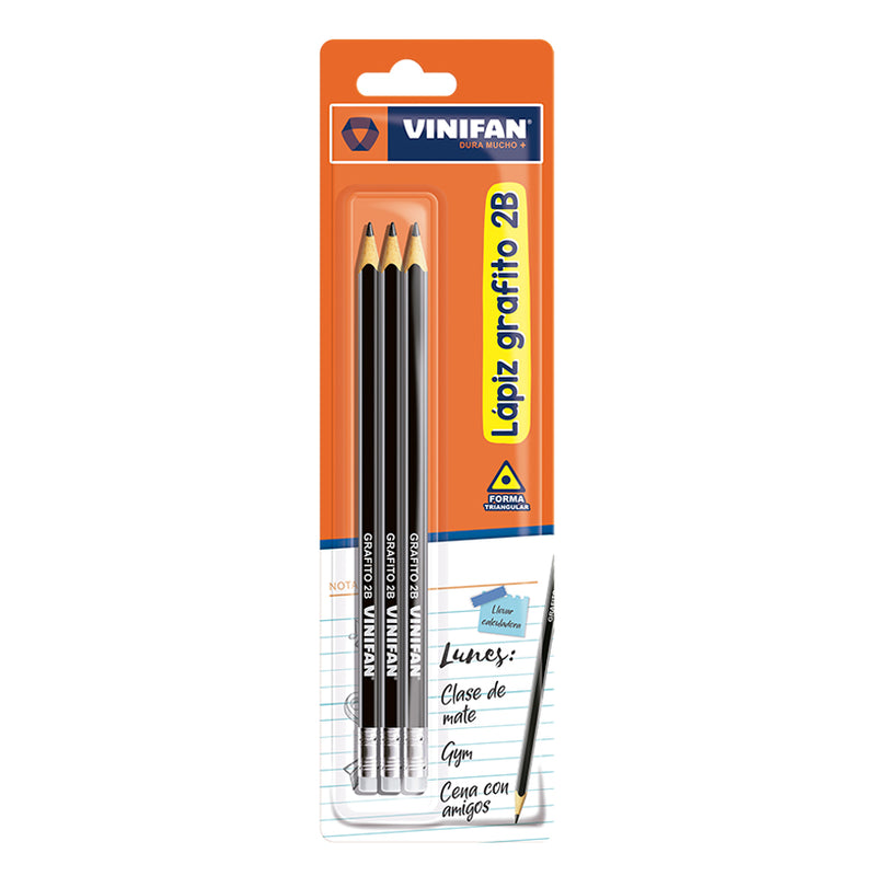 Lapiz Vinifan Triangular Grafito 2B Con Borrador X3 Blis