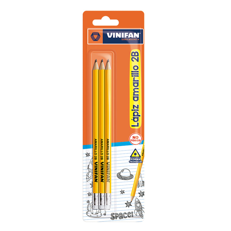 Lapiz Vinifan Triangular Amarillo 2B Con Borrador X3 Blis