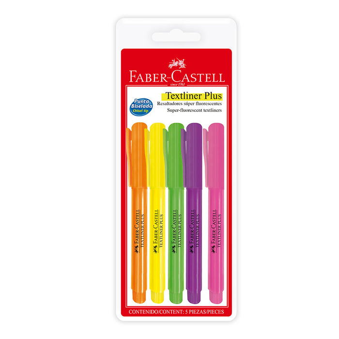 Resaltador Faber Castell Textliner Plus X5 Blister (Amarillo, Verde, Rosado, Naranja, Violeta)