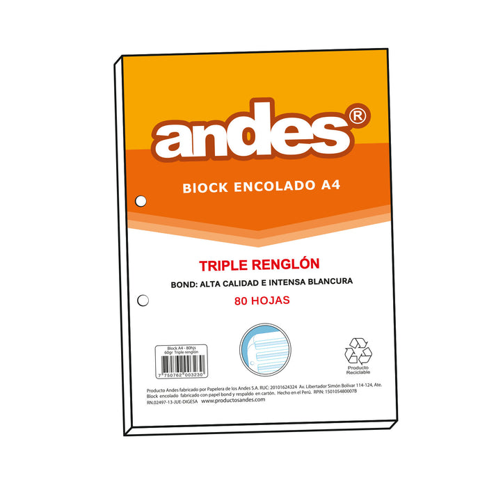 Block Andes A4 Triple Reglon Encolado (80Hjs)