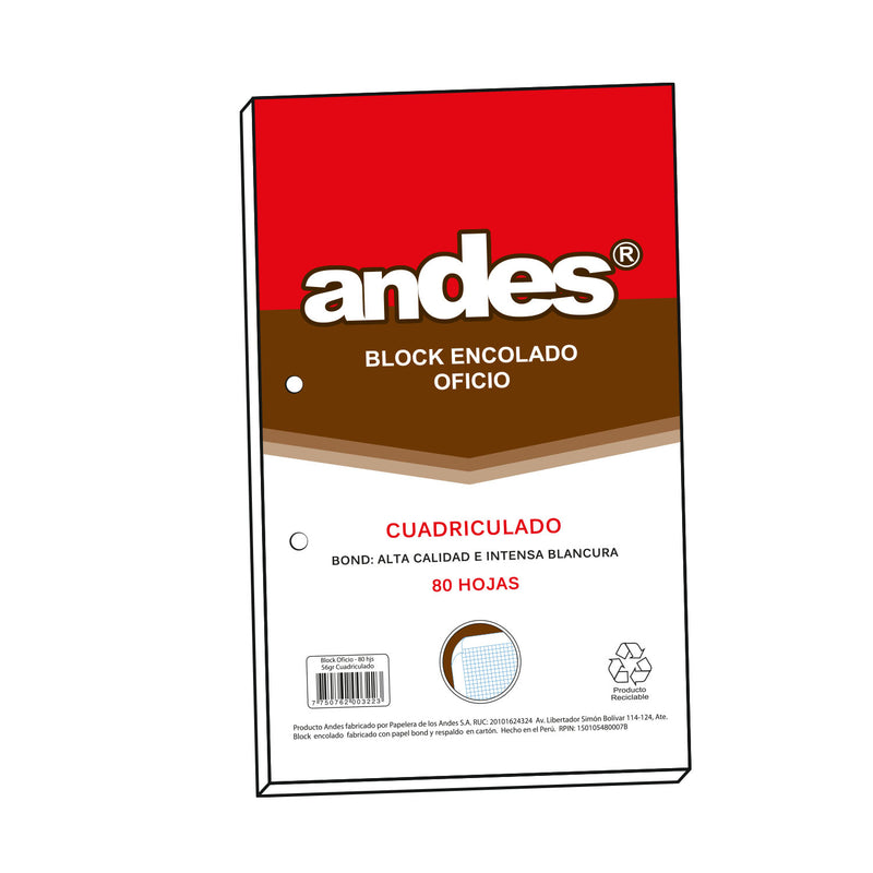 Block Andes Oficio Cuadriculado Encolado  (80Hjs)