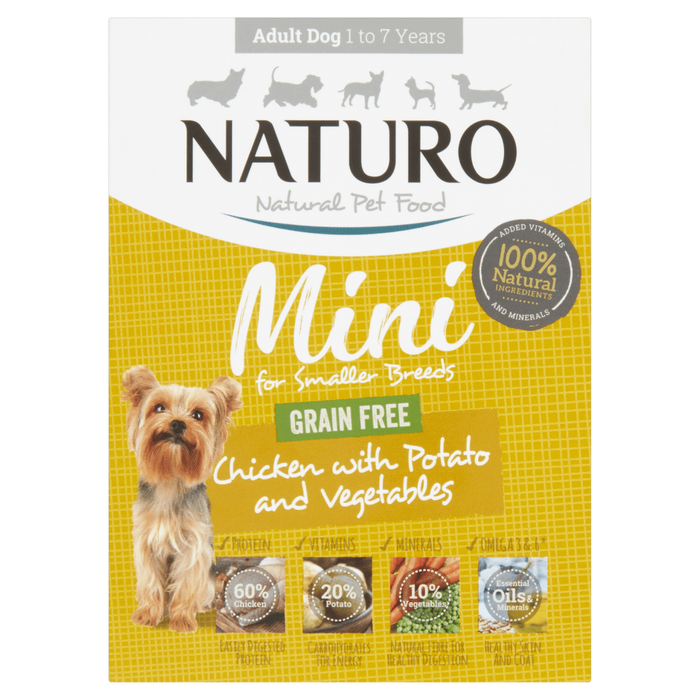 Naturo Mini Pollo, Papa Y Vegetales - Libre De Granos Para Perro Adulto (1 - 7 Años). Bandeja 150Gr